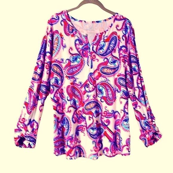 T by Talbots red, white, and blue paisley tab sleeve notch neck UPF 50 size XL - Picture 2 of 11